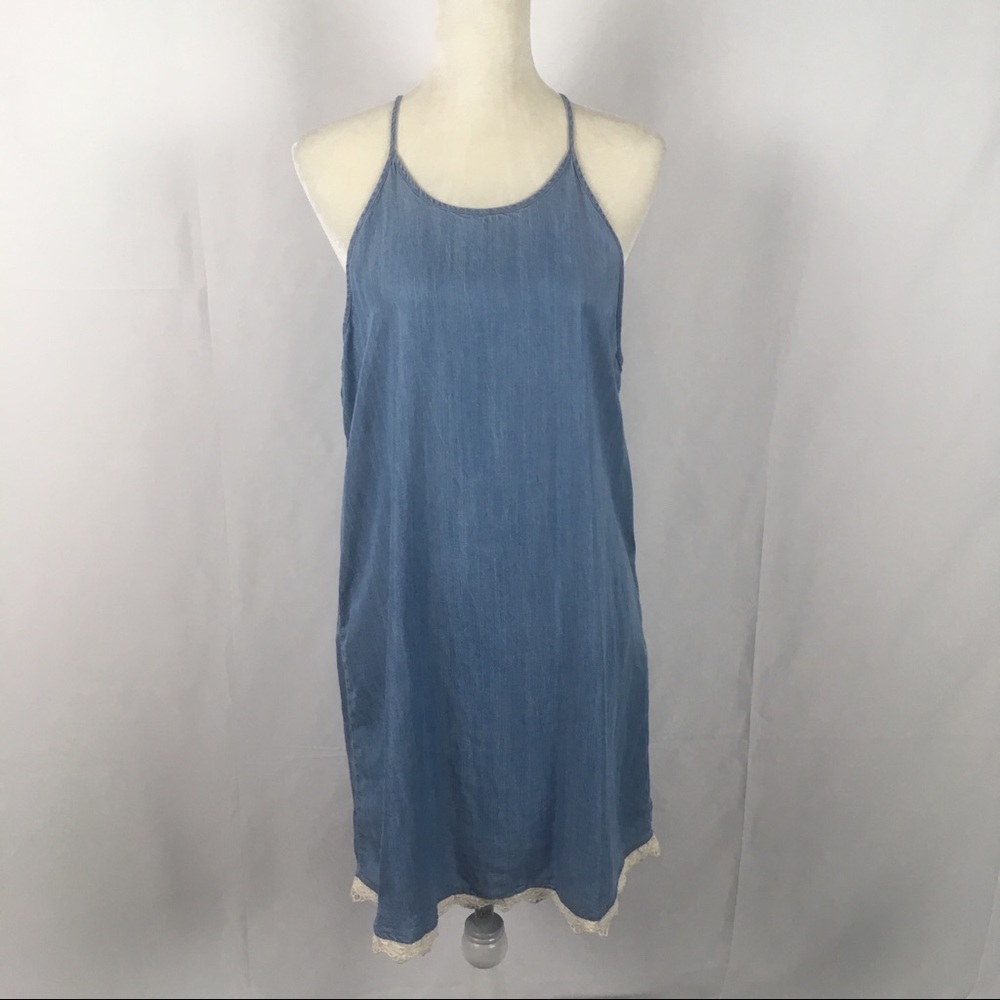 Paper Crane Denim Crochet Lace Racerback Dress Women New Size Large